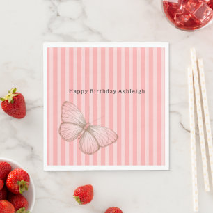 Roze Strepen met Vlinder Verjaardag Servet