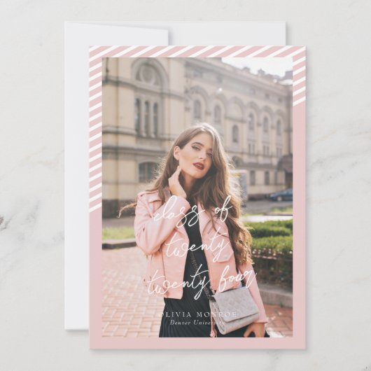 Roze Strepen Modern Minimalistisch Foto Afstuderen Kaart (Voorkant)