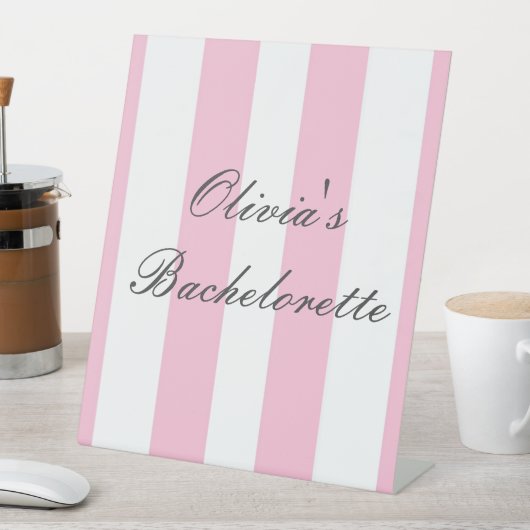 Roze strepen modern vrijgezellenfeest reclamebord met voetstuk (Insitu)