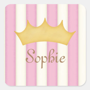 Roze Strepen Persoonlijke Naam Prinses Kroon Vierkante Sticker