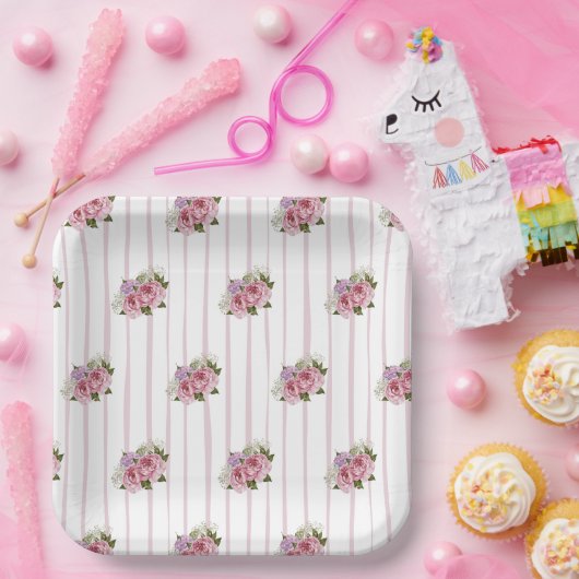 Roze strepen pioenroos hydrangea baby's adem bloem papieren bordje (Feest)