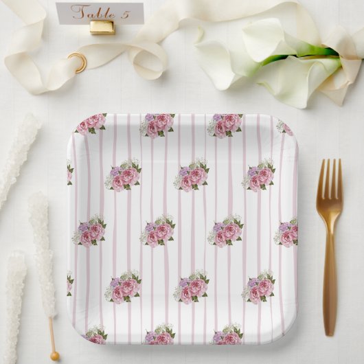 Roze strepen pioenroos hydrangea baby's adem bloem papieren bordje (Huwelijk)