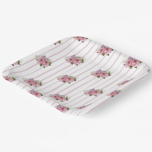 Roze strepen pioenroos hydrangea baby's adem bloem papieren bordje (Gebogen)