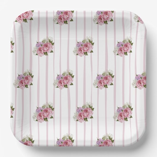 Roze strepen pioenroos hydrangea baby's adem bloem papieren bordje (Voorkant)