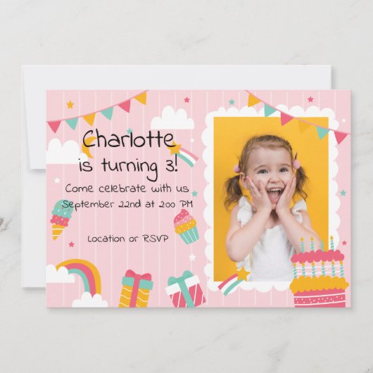 Roze Strepen Regenbogen en Cake Verjaardag Kaart (Voorkant)