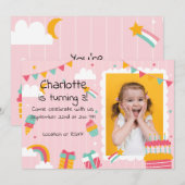 Roze Strepen Regenbogen en Cake Verjaardag Kaart (Voorkant / Achterkant)