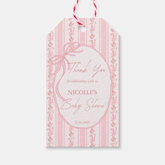Roze strepen retro boog elegante baby shower gunst cadeaulabel (Voorkant)