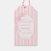 Roze strepen retro strik elegante baby shower favo cadeaulabel (Voorkant)