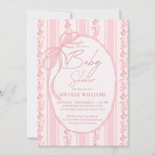 Roze strepen retro strik rand elegante baby shower kaart (Voorkant)