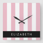 Roze strepen, streeppatroon, lijnen, Jouw naam Vierkante Klok (Voorkant)