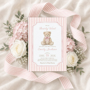 Roze Strepen Teddybeer Meisje Baby Shower Kaart