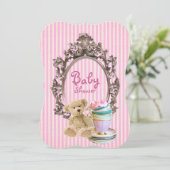roze strepen tedy draagt babydoucheuitnodigingen kaart (Staand voorkant)