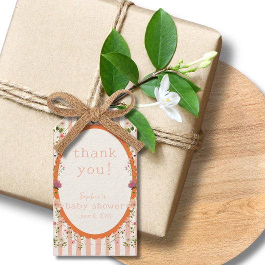 Roze Strepen Tuin Bloemen Baby shower Cadeaulabel