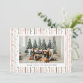 Roze Strepen Vakantie Behang Foto Kerstkaart (Staand voorkant)