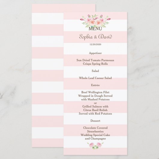 Roze Strepen Watercolor Bloemen Trouwmenu Menu (Voorkant / Achterkant)
