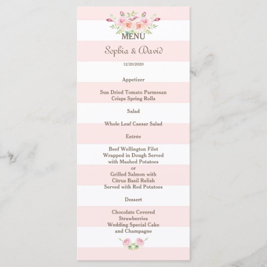 Roze Strepen Watercolor Bloemen Trouwmenu Menu (Voorkant)