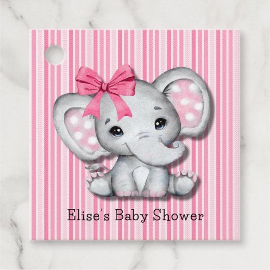 Roze Strepen Waterverf Olifant Meisje Baby shower Bedankjes Labels (Voorkant)