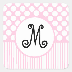 Roze Strepen & Witte Stippen Monogram Vierkante Sticker