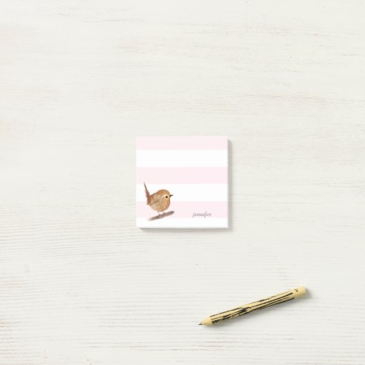 Roze strepen Wren Bird Post-it® notes (Op bureau)
