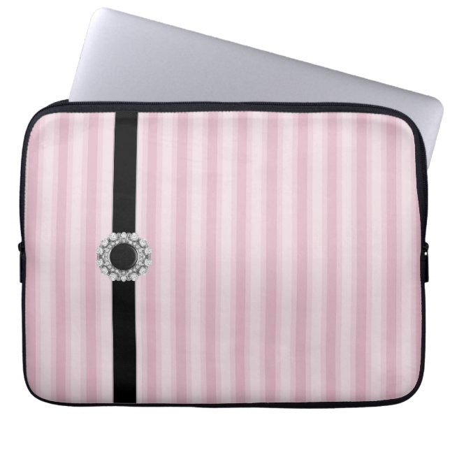 Roze Strepen Zwart Diamond Laptop Mouw Sleeve (Voorkant)