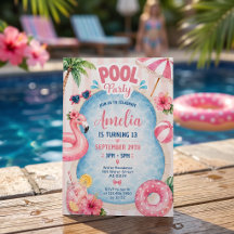 Roze strepen zwembadfeest meisje verjaardagsuitnod