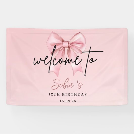 🎀 Roze Strik 12e Verjaardagsfeest Welkomstbanner Spandoek (Horizontaal)