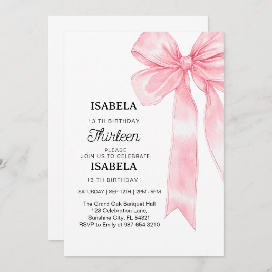 Roze strik 1e verjaardag, elegante 1e roze lint kaart (Voorkant / Achterkant)