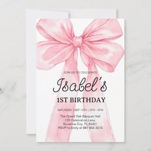 Roze strik 1e verjaardag, elegante 1e roze lint kaart (Voorkant)