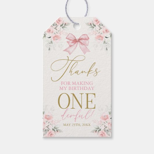 Roze Strik 1e Verjaardag Meisje Cadeau Label Cadeaulabel (Voorkant)