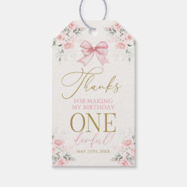 Roze strik 1e verjaardag meisje cadeaubijschrift cadeaulabel