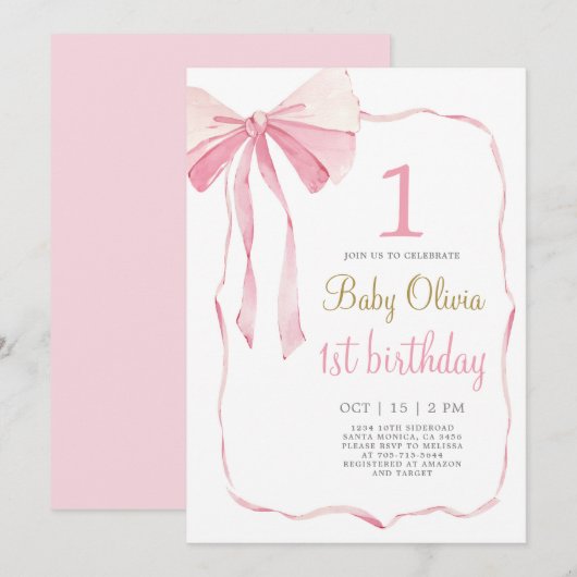 Roze strik 1e verjaardag uitnodiging (Voorkant / Achterkant)