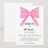 Roze strik 1e verjaardag uitnodiging meisje, roze  (Voorkant / Achterkant)