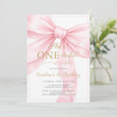 🎀 Roze Strik 1e Verjaardagsuitnodiging Kaart (Staand voorkant)