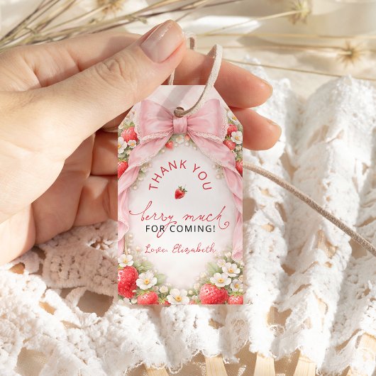 Roze strik aardbei babyshower dank je cadeaulabel