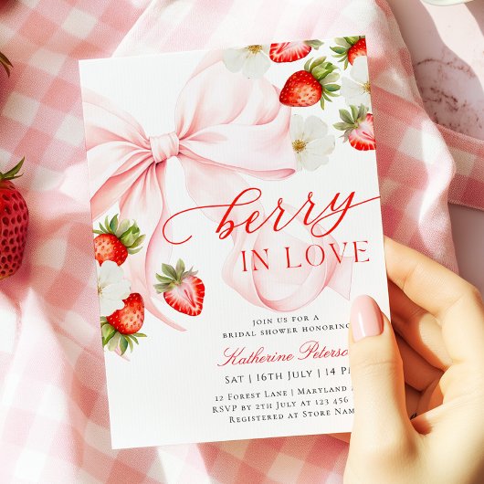 Roze Strik Aardbei Bruiloft Uitnodiging
