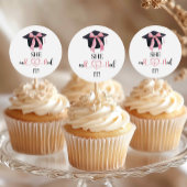 Roze strik Afstuderen ze verdiende het cupcake top Ronde Sticker