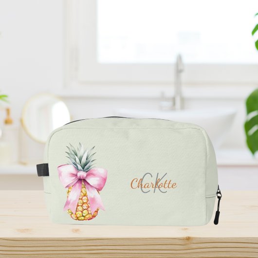 Roze strik ananas tropisch monogram saliegroen toilettasje