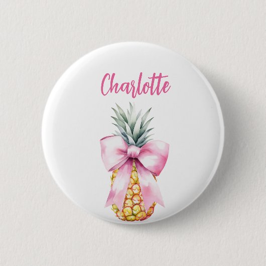 Roze strik ananas tropische naamkaart ronde button 5,7 cm (Voorkant)