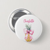 Roze strik ananas tropische naamkaart ronde button 5,7 cm (Voorkant /achterkant)