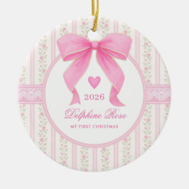 Roze Strik Baby 1ste Kerstmis Coquette Bloem Foto Keramisch Ornament