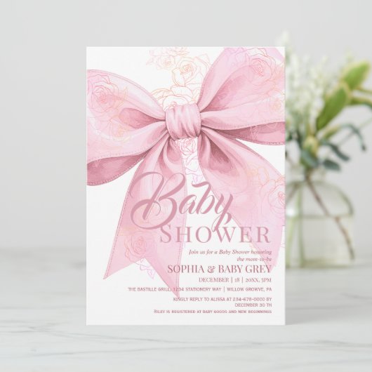 Roze Strik Baby Borrel Kaart (Staand voorkant)