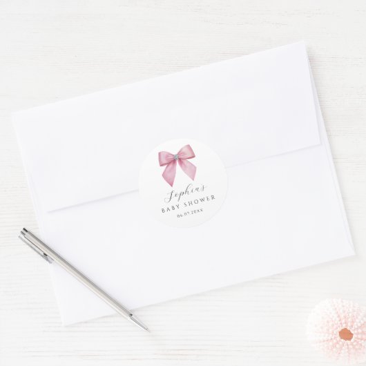 Roze Strik Baby Borrel Ronde Sticker (Envelop)