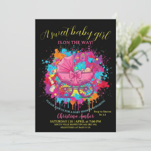 Roze Strik Baby Carriage Meisje Baby Shower Uitnod Kaart
