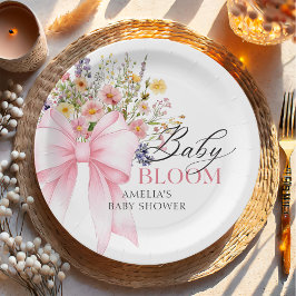 Roze Strik Baby in Bloom Baby Shower Papieren Bordje