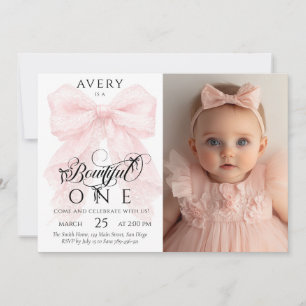 Roze Strik Baby Meisje 1e Verjaardag Foto Kaart