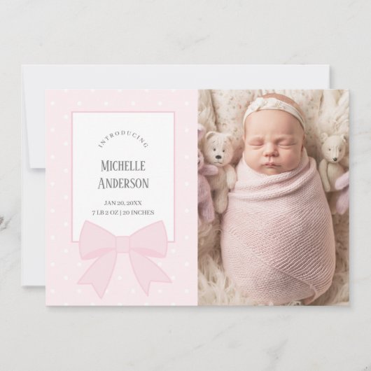 Roze Strik Baby Meisje 2 Foto Geboorteaankondiging Aankondiging (Voorkant)