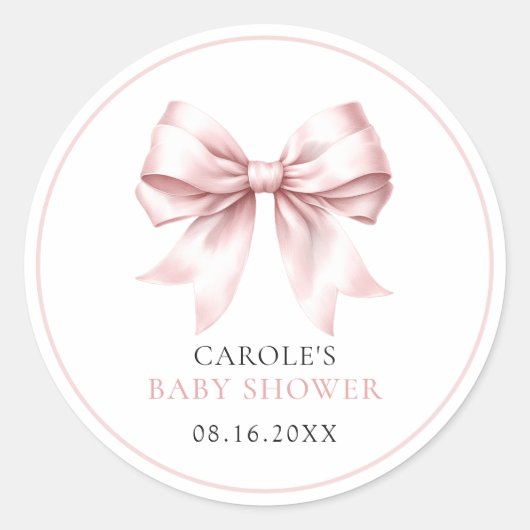 Roze Strik Baby Meisje Baby Shower Ronde Sticker (Voorkant)