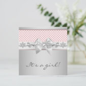 Roze strik baby meisje douche kaart (Staand voorkant)