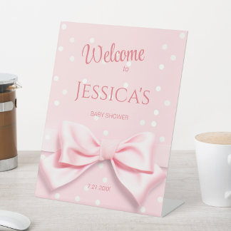 Roze Strik Baby Meisje met Stippen Welkom Bord Reclamebord Met Voetstuk