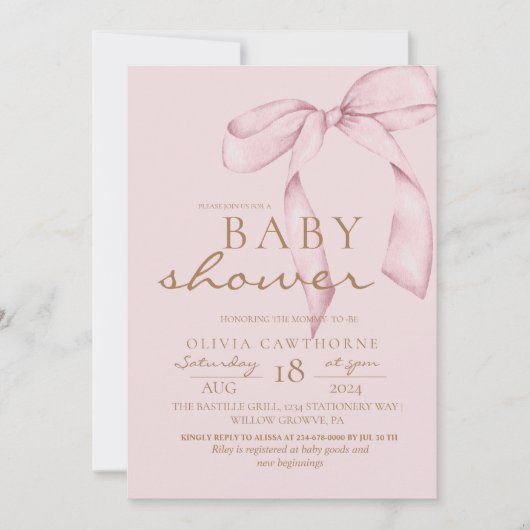 Roze Strik Baby Shower Blush Roze Kaart (Voorkant)